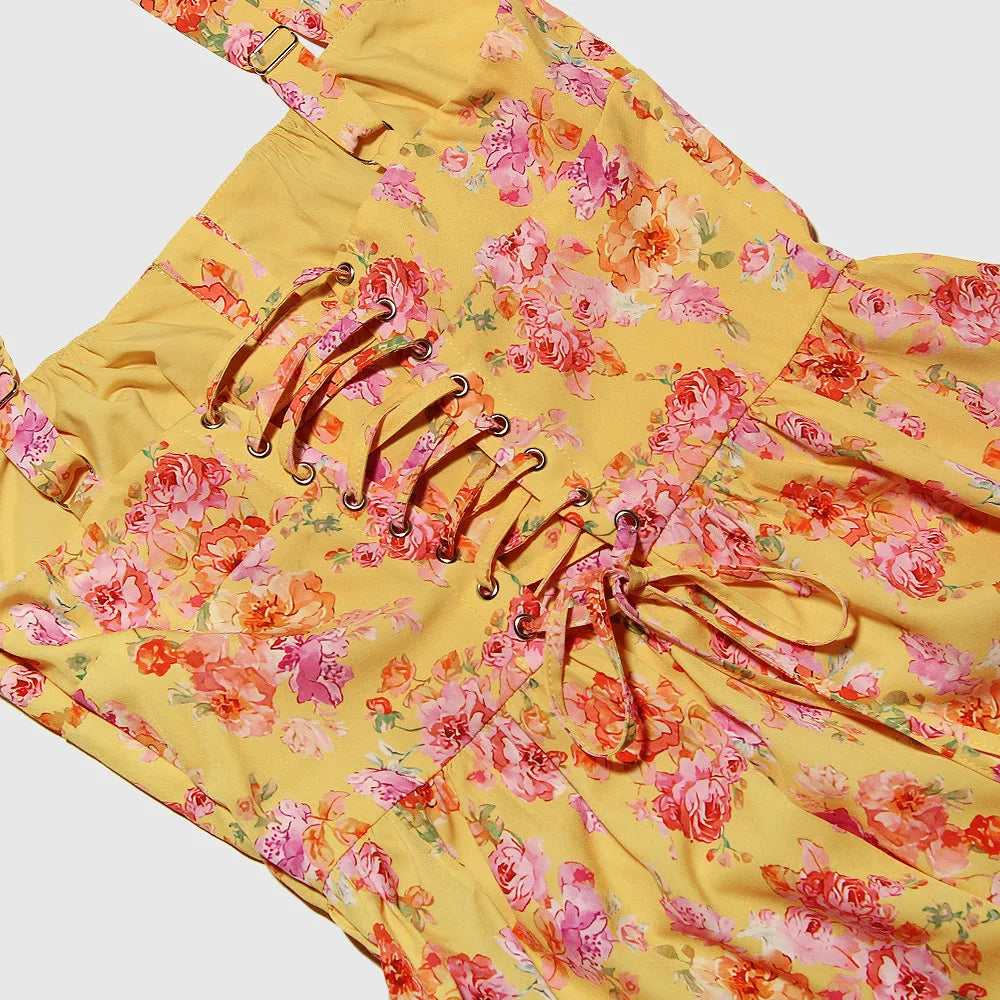 Mingmingxi Summer Dress 2024 New Arrivals Casual Yellow Floral Print Dress Elegant Lace Up Party Dresses Sexy Women's Clothing