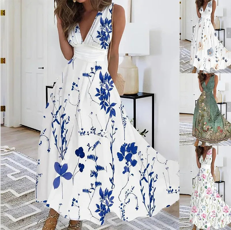 Summer Flower Printed Sleeveless Long Dresses Sexy V-neck Elegant Lady Party A-line Dress Fashion Chic Maxi Evening Vestidos New