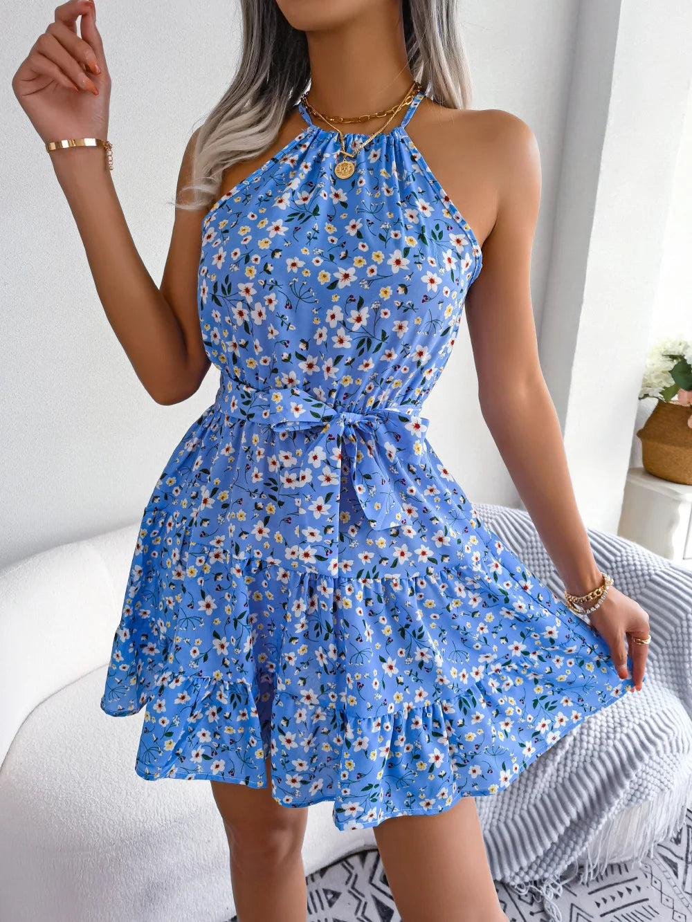 2023 New Casual O-neck Sleeveless Mini Short Sundress Dresses For Women Summer Lace Up Sexy Floral Print Halter Ruffles Vestidos