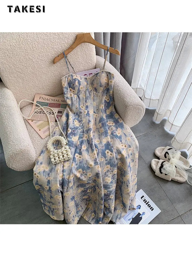 Women Sexy Backless Strapless Floral Print Loose Suspender Dresses 2023 Summer Beach Style Elegant Chiffon Party Club Dress