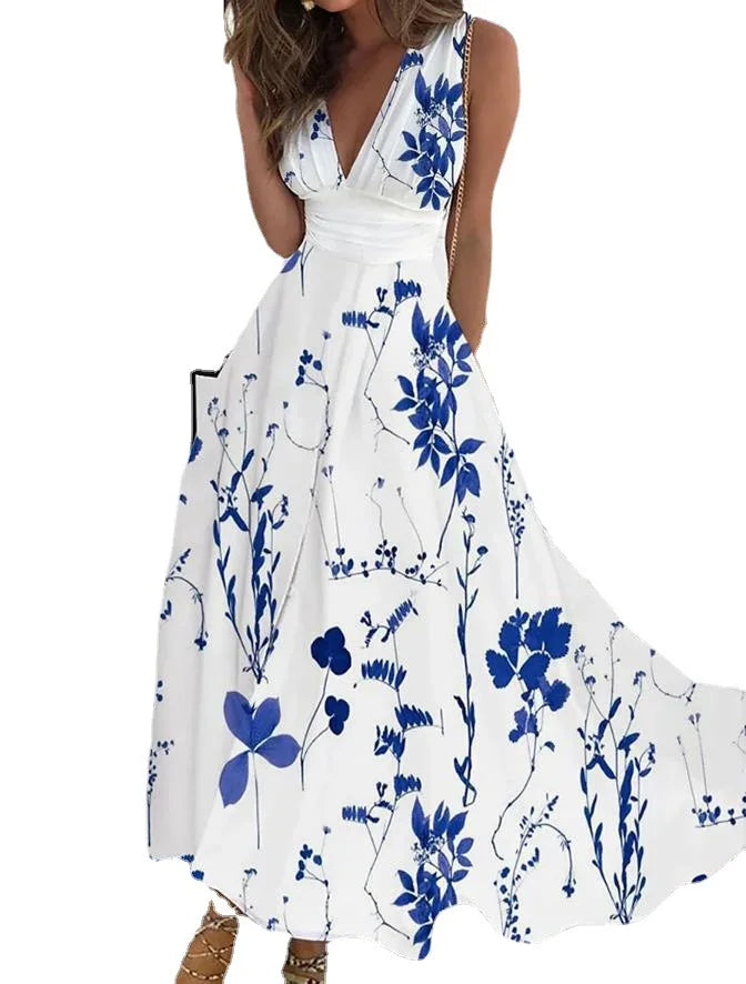 Summer Flower Printed Sleeveless Long Dresses Sexy V-neck Elegant Lady Party A-line Dress Fashion Chic Maxi Evening Vestidos New