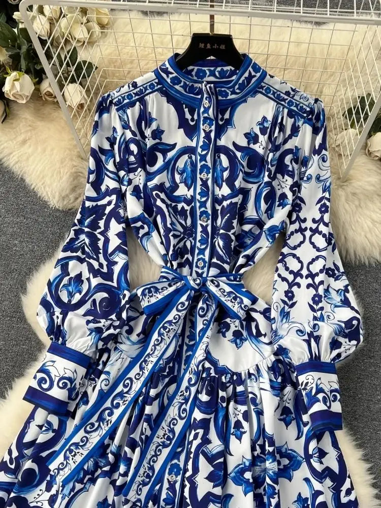 Runway Red Blue And White Porcelain Print Holiday Maxi Dress Women's Stand Single Breasted Loose Lace Up Belt Long Robe Vestido