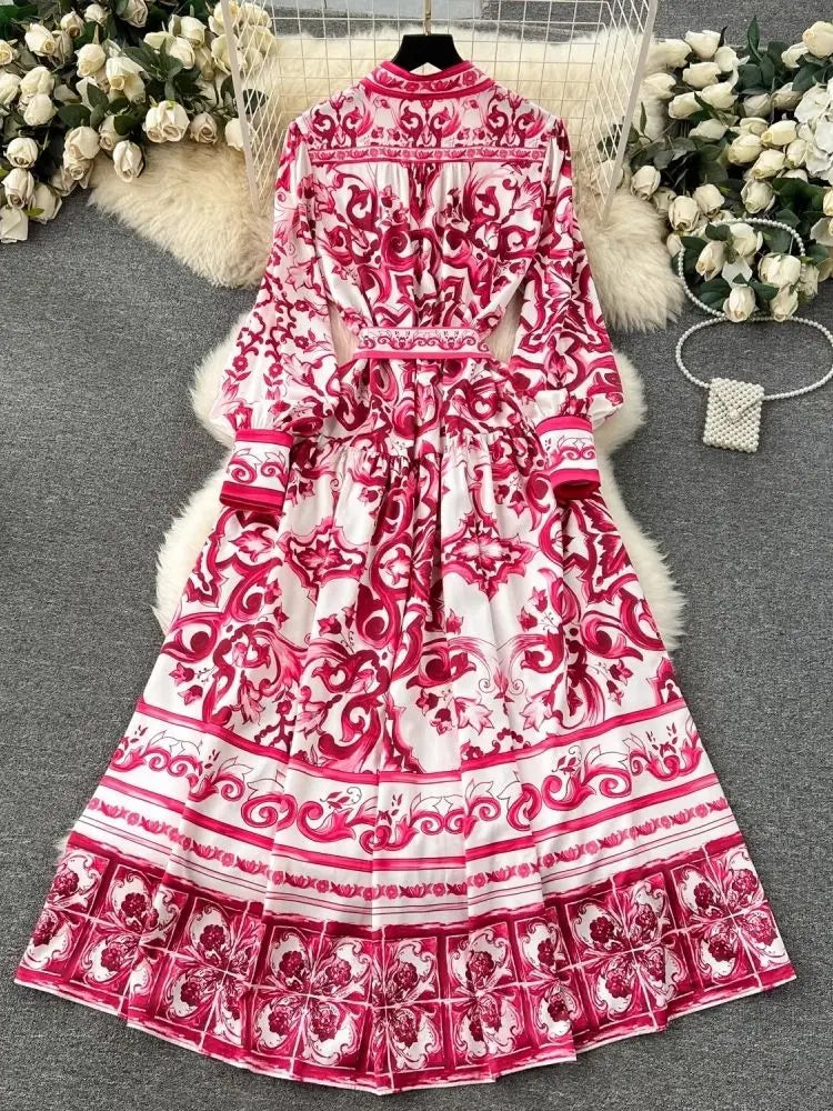 Runway Red Blue And White Porcelain Print Holiday Maxi Dress Women's Stand Single Breasted Loose Lace Up Belt Long Robe Vestido