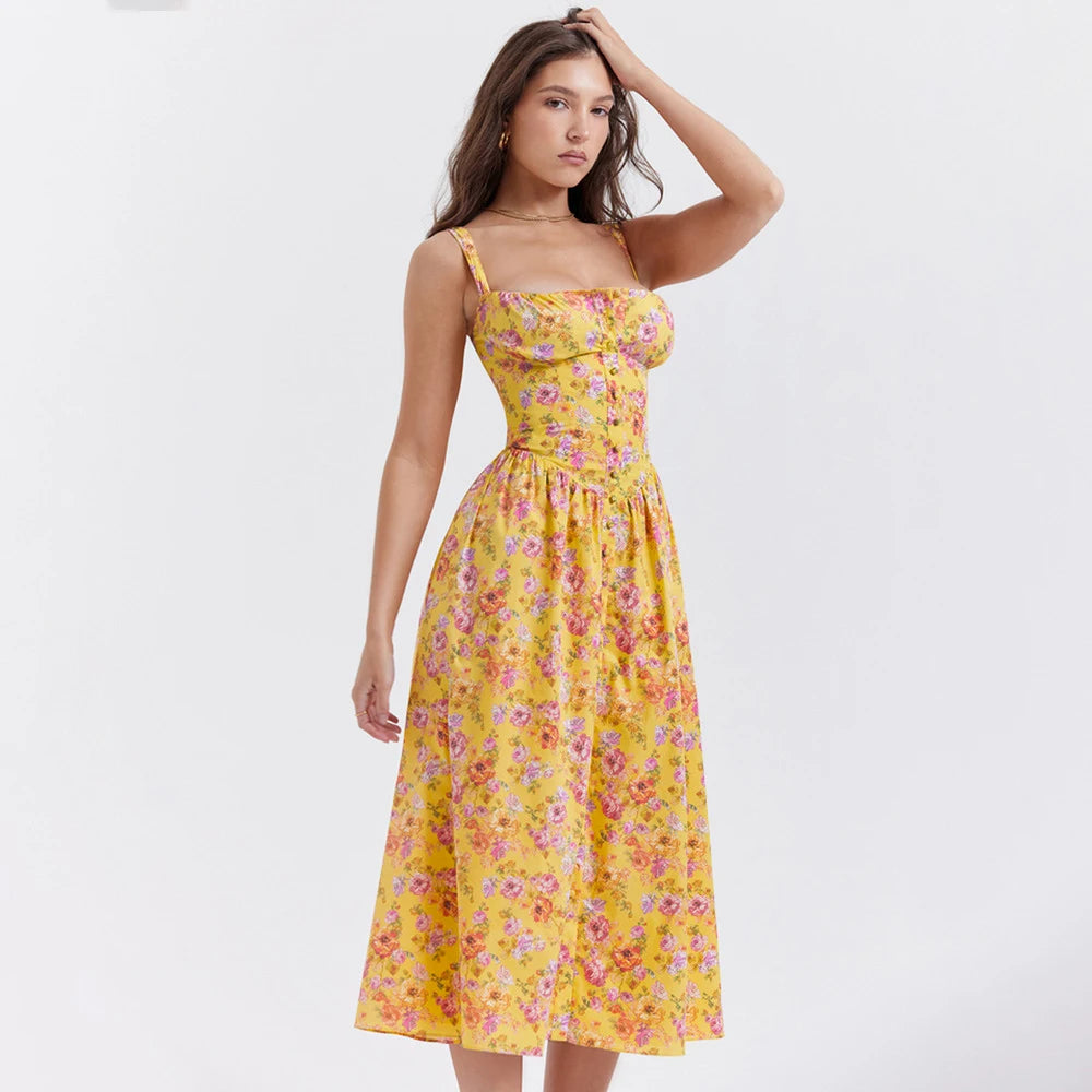 Mingmingxi Summer Dress 2024 New Arrivals Casual Yellow Floral Print Dress Elegant Lace Up Party Dresses Sexy Women's Clothing