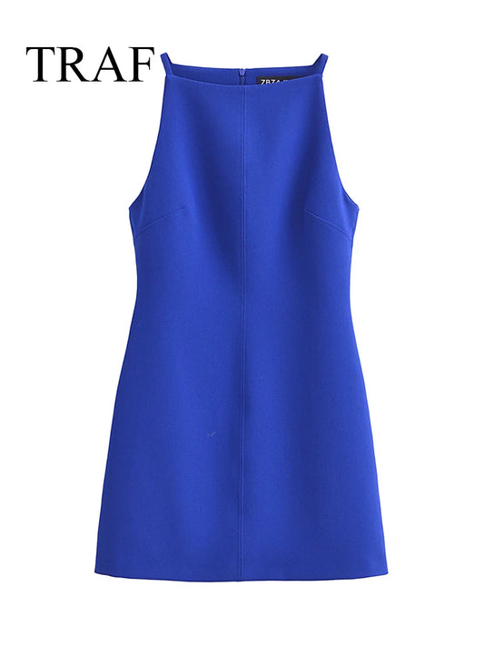 TRAF Fashion Ladies Sleeveless Mini Dress New Casual Simple Slash Neck Dresses Women 2024 Summer Solid A-line Elegant Dress