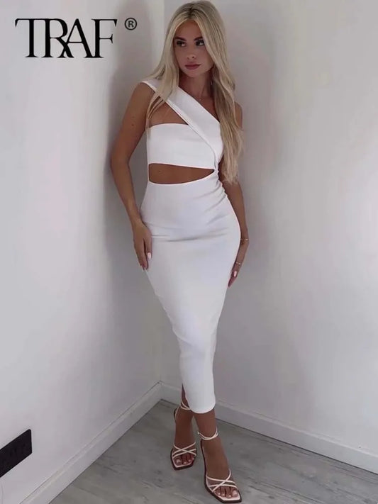 TRAF 2023 New Sexy Asymmetric Midi Dress Woman Off Shoulder White Long Dresses For Women White  Dresses Elegant Party Dresses