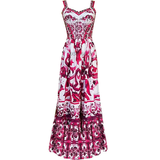 Women's V-Neck Red Blue and White Print Spaghetti Strap Holiday Maxi Dress Summer Runway Floral Print Vacation Long Robes