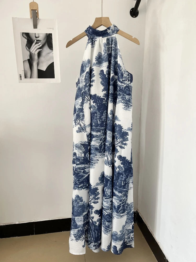 Print Halter-neck Long Midi Dress 2023 Summer New In Vacation Beach Sleeveless Women Dress With Pockets Oil Painting Pattern