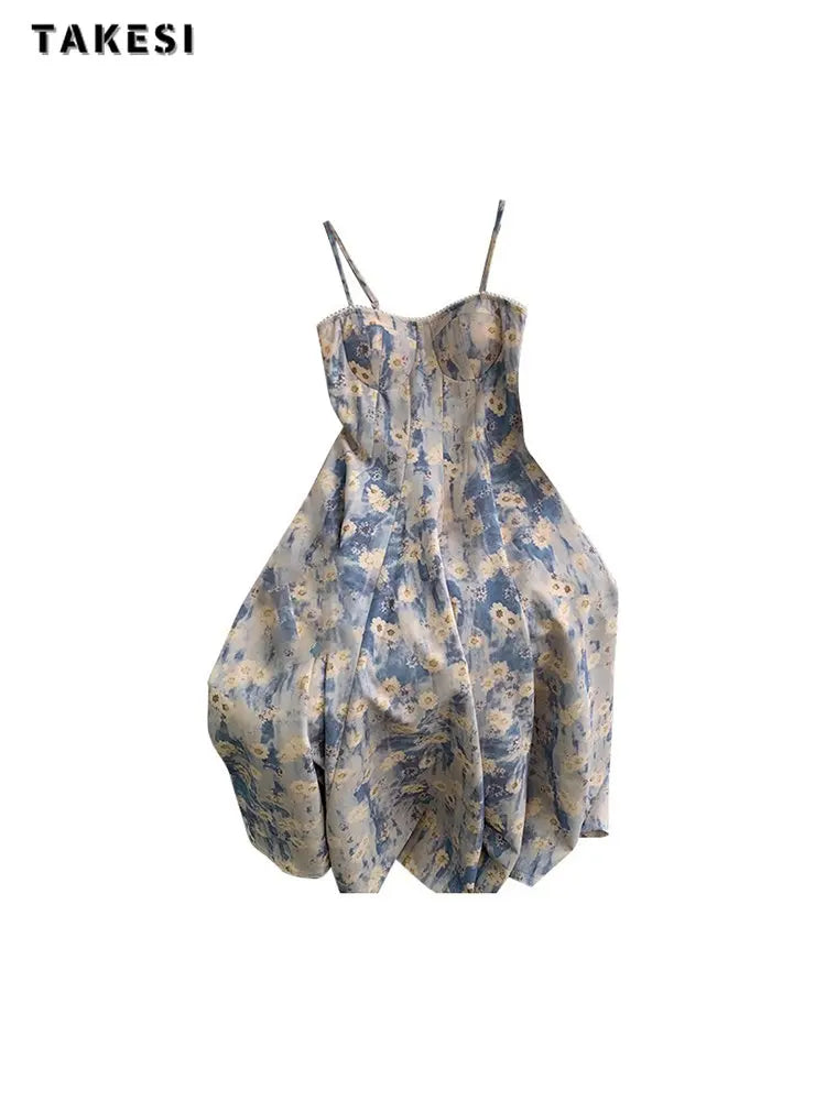 Women Sexy Backless Strapless Floral Print Loose Suspender Dresses 2023 Summer Beach Style Elegant Chiffon Party Club Dress