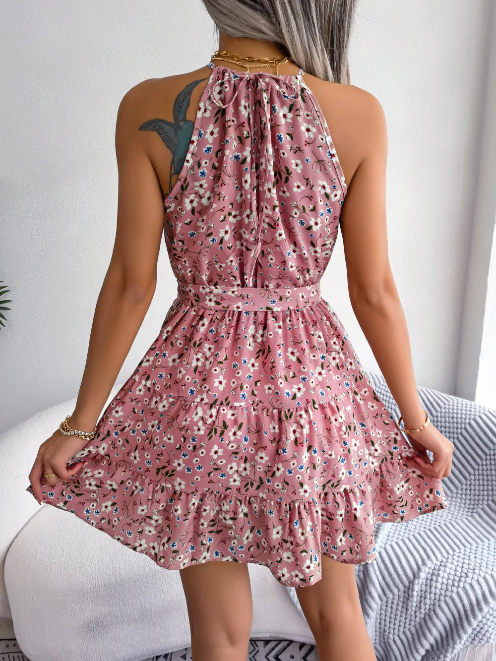 2023 New Casual O-neck Sleeveless Mini Short Sundress Dresses For Women Summer Lace Up Sexy Floral Print Halter Ruffles Vestidos